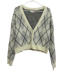 Hazel Moon Argyle V-Neck Cardigan Gray Black Button Down Women’s Size Medium